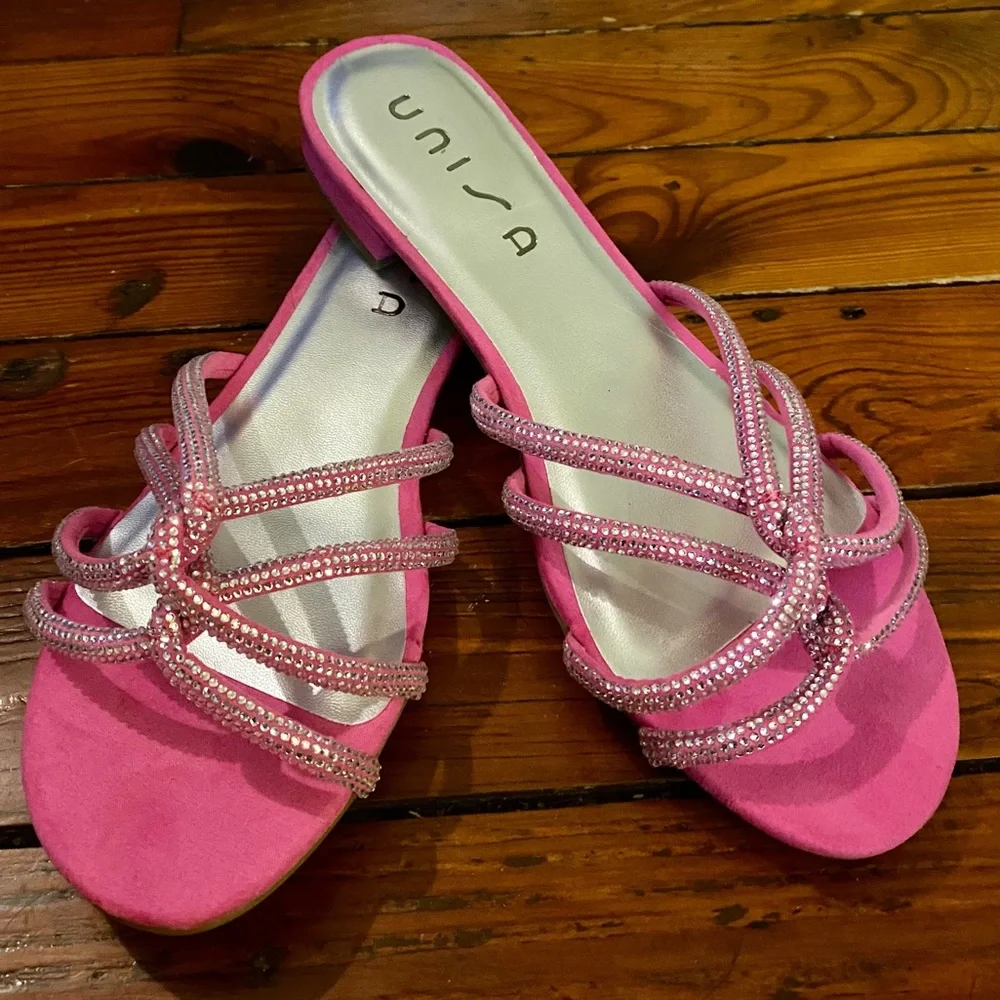 Unisa Tazz Slide Kitten Heels Strappy Sandals Pink & Silver Size 11 NWT